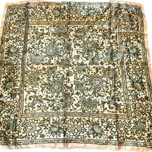 PEGGY JONES Beige and Green Flowers Scarf 100% Rayon 22" X 22" Square Soft
